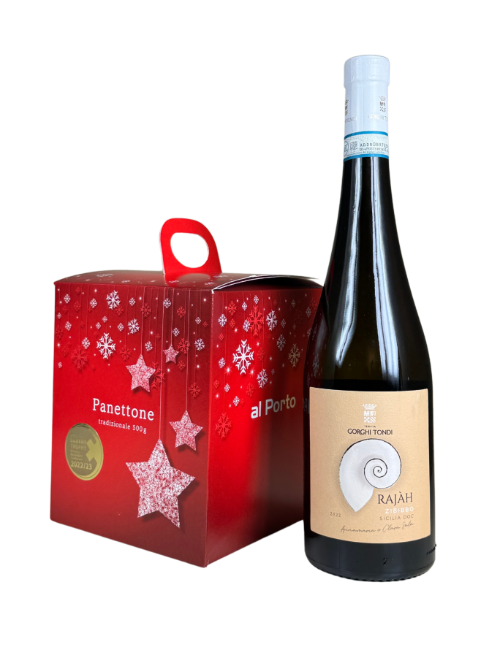 Set 4  Geschenkpakete für Weihnachten 2025- Sizilien
1 Gorghi Tondi RAJÁH Zibibbo secco, BIO, Sicilia DOC
1 Panettone Classico (Al Porto)
